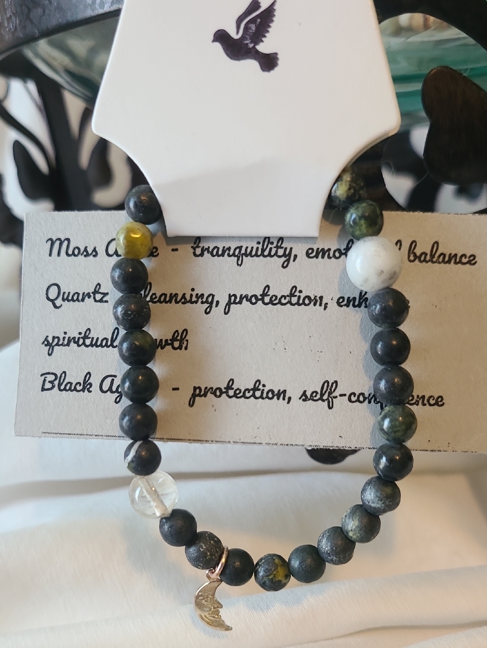 Grey Dove Creations Black Agate Beaded Moon Charm Stretch Bracelet